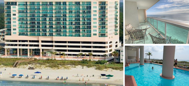 Collage of photos showing the exterior of Laguna Keyes from the beach, a balcony overlooking the ocean and the outdoor pool